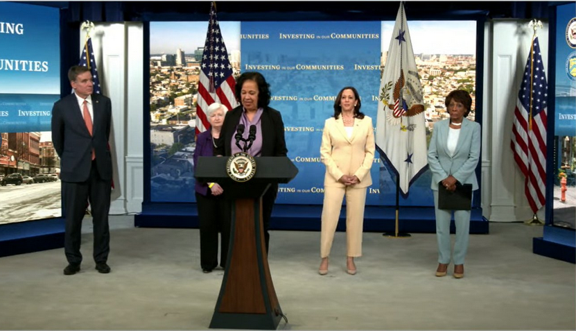 Lisa Mensah of OFN at White House Press Conference with Kamala Harris and Janet Yellen
